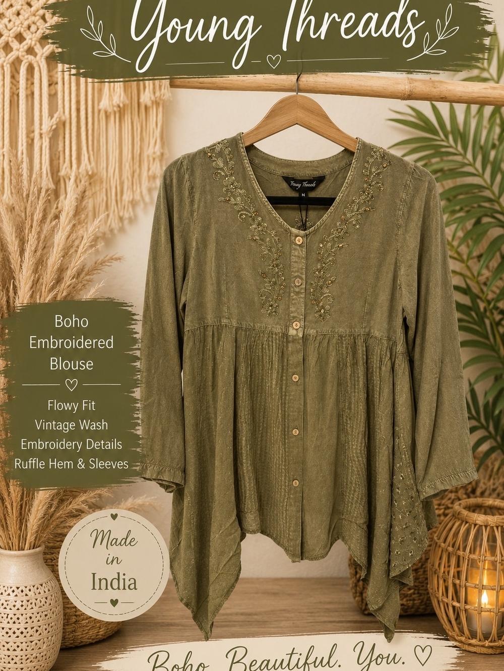 Young Threads Olive Embroidered Boho Blouse